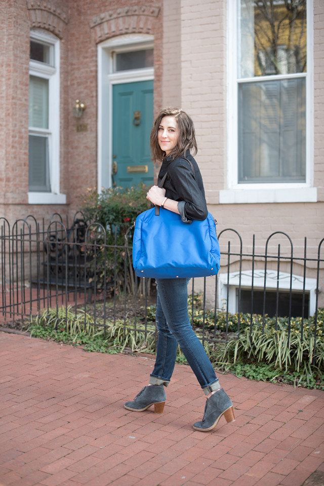A Girl Named PJ everyday style: denim, a button-down shirt, and suede booties