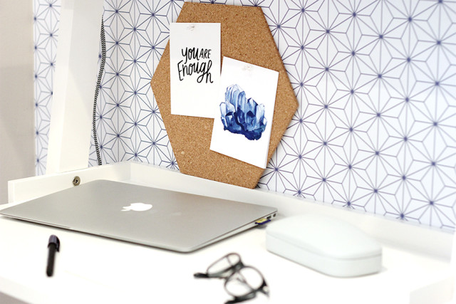 Upgrade your home office with personal touches like favorite postcards and motivational quotes. Get more decorating ideas from A Girl Named PJ!