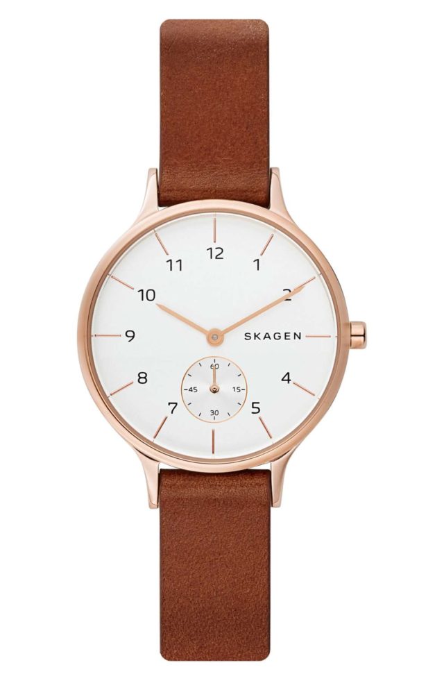 brown leather and rose gold skagen watch