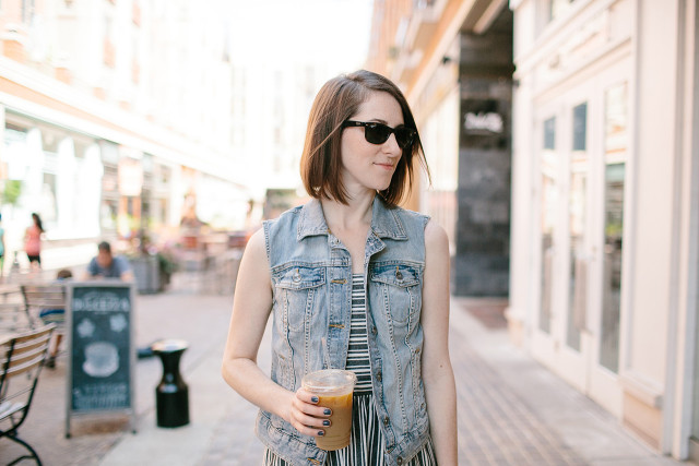 Late summer style: sleeveless dress, denim vest, and Ray-ban sunglasses | A Girl Named PJ