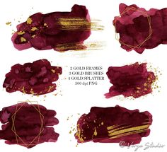 Watercolor burgundy splashes. Hand painted watercolor red wine splashes. Set of 23 burgundy watercolor splashes, gold marble splashes, gold splatter, gold brushes and geometric golden frames. YOU RECEIVE oooooooooooooo - 23 elements: - 8 individual dark red watercolor splashes - size: 2800 px (9 inches) - 6 burgundy gold marble splashes - size: 2800 px (9 inches) - 2 geometric golden frames - size: 3600 px (12 inches) - 7 gold elements (gold splashes, gold glitter and gold brushes) - size: 2260