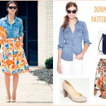 Style: denim shirt and patterned skirt
